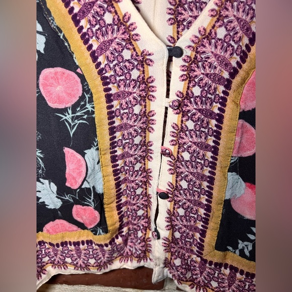 FREE PEOPLE Freshly Squeezed Grapefruit Flowy Boho Button Tie Sleeve Top Small - Picture 7 of 15